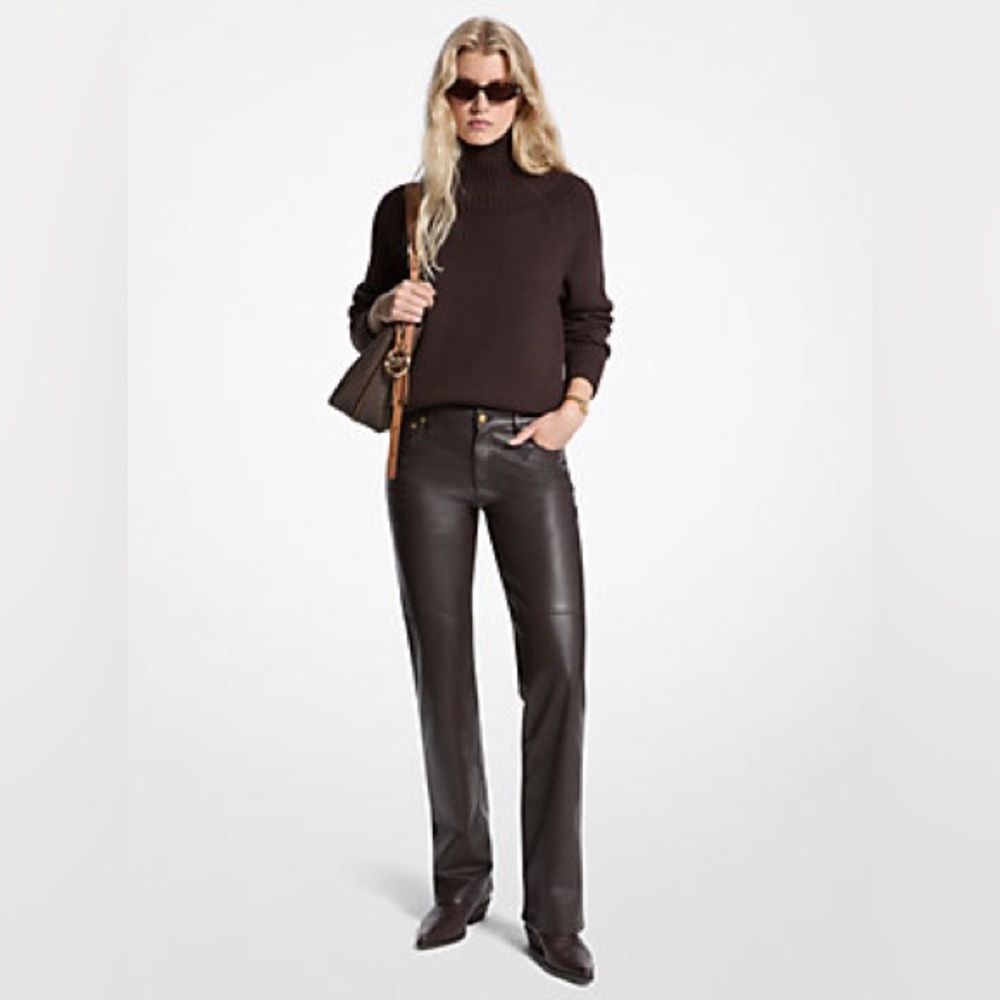 NWT MICHAEL MICHAEL KORS Straight-Leg Lamb Leather Pants Chocolate Brown Size 2